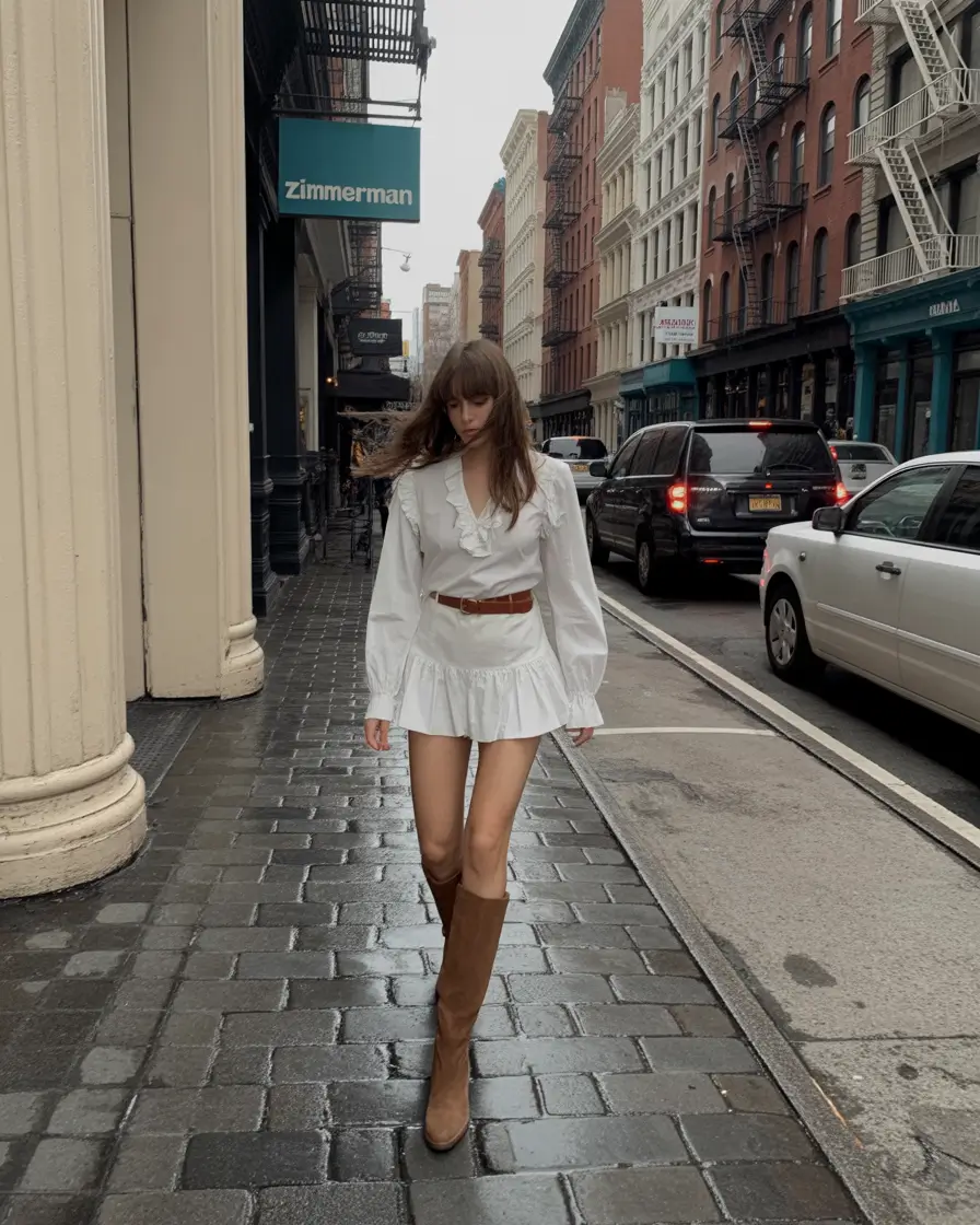stylish spring outfits boho 2026 White Ruffle Dress with Tall Boots