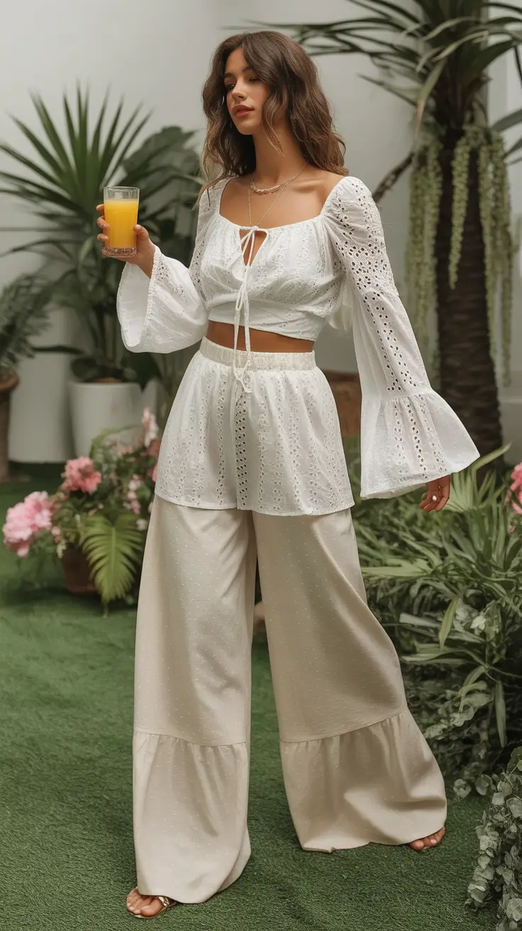 stylish spring outfits boho 2026 White Eyelet Set with Garden Charm