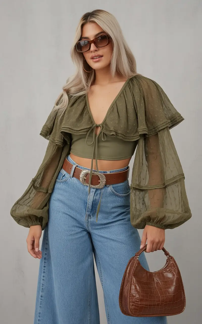 stylish spring outfits boho 2026 Olive Romance with Wide Denim