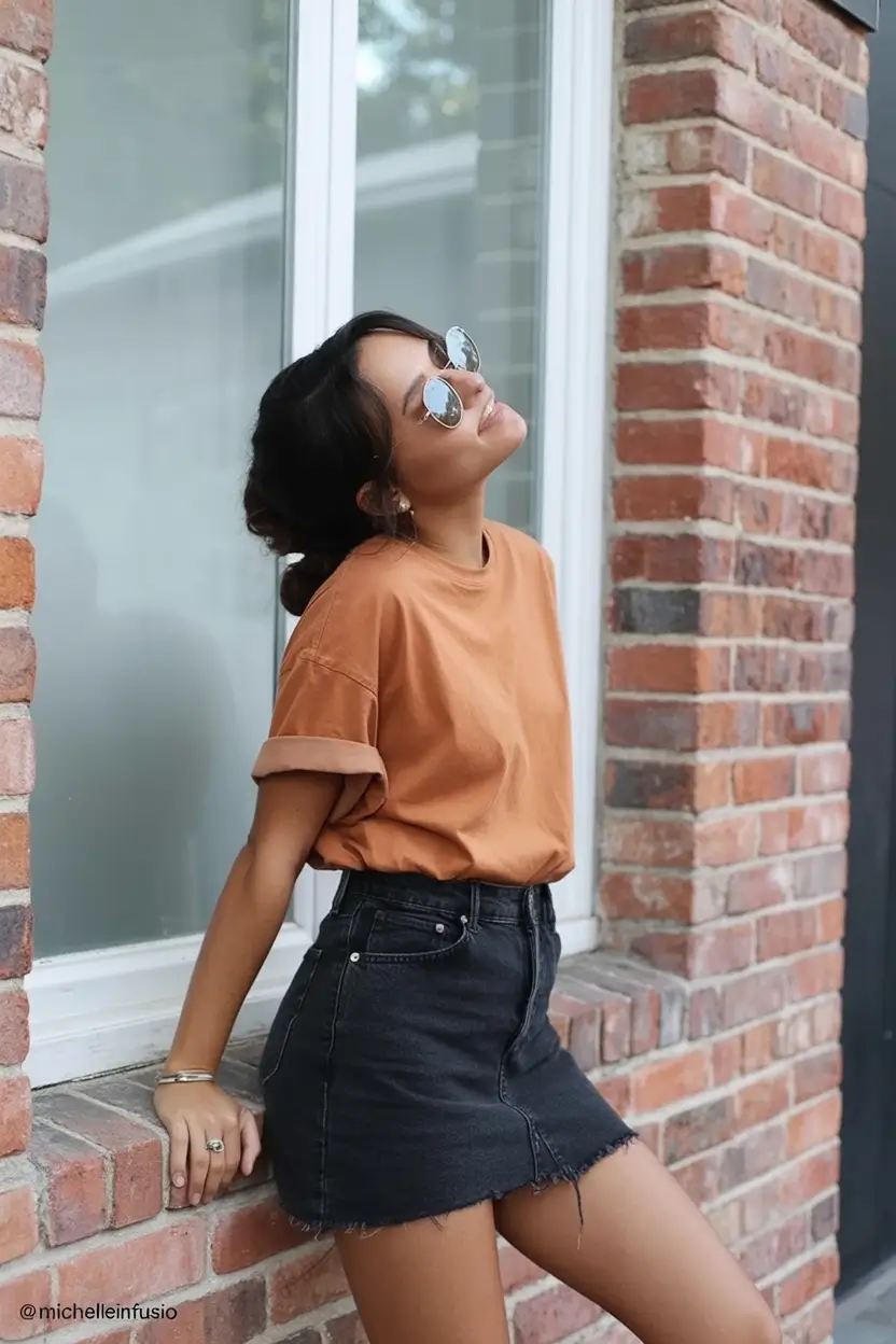 stylish spring outfits boho 2026 Burnt Orange and Black Denim Simplicity