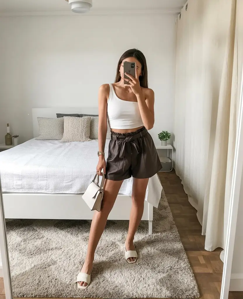 stylish spring outfits with tops 2026 Warm Brown Shorts With a Bright White Asymmetrical Top