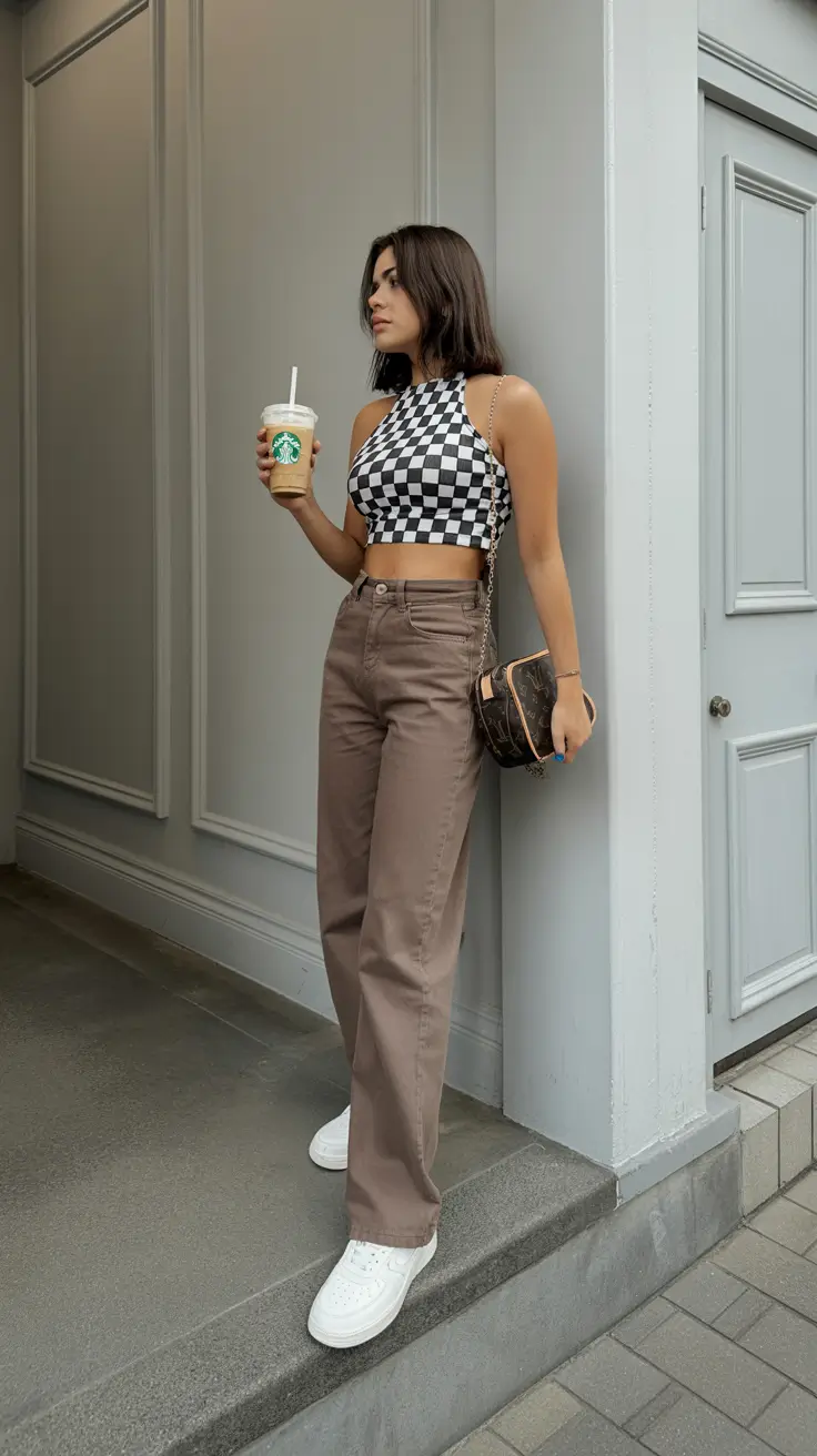 stylish spring outfits with tops 2026 Checkerboard Energy With Soft Neutral Denim