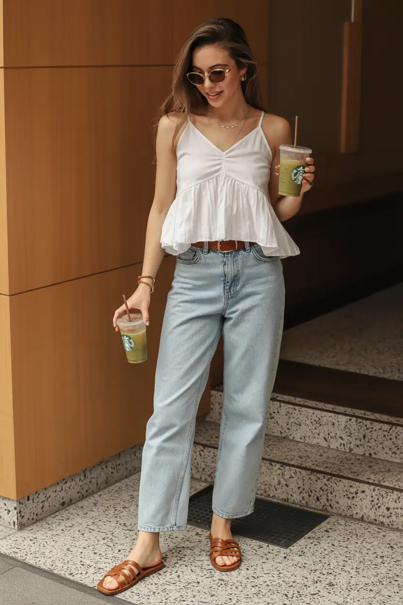 stylish spring outfits with tops 2026 Soft White Peplum With Classic Straight Denim