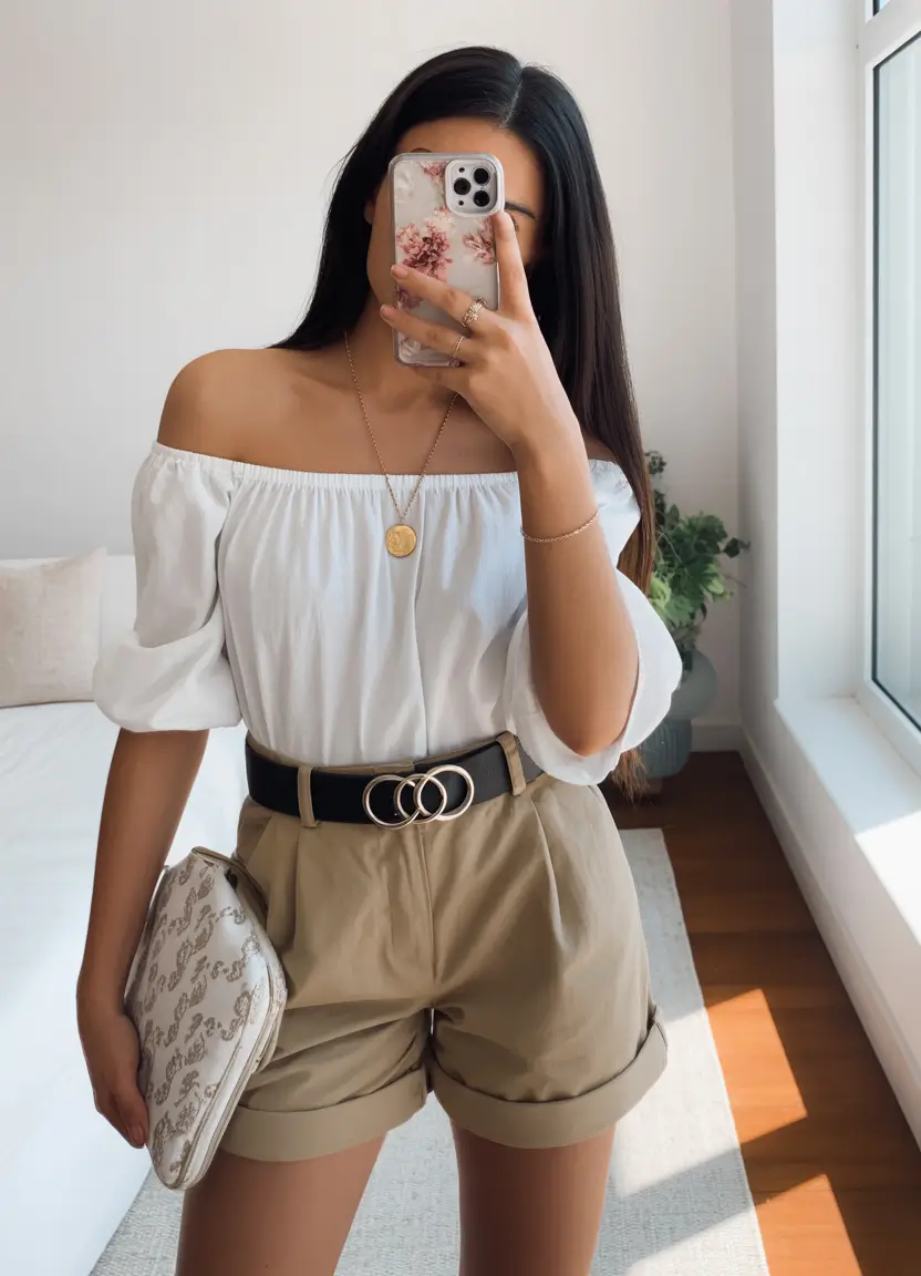 stylish spring outfits with tops 2026 Off Shoulder Romance With Tailored Spring Shorts