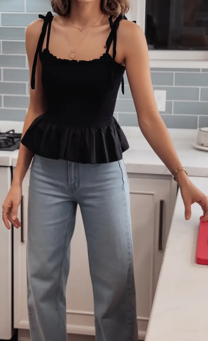 stylish spring outfits with tops 2026 Feminine Details in a Light Denim and Black Spring Pairing