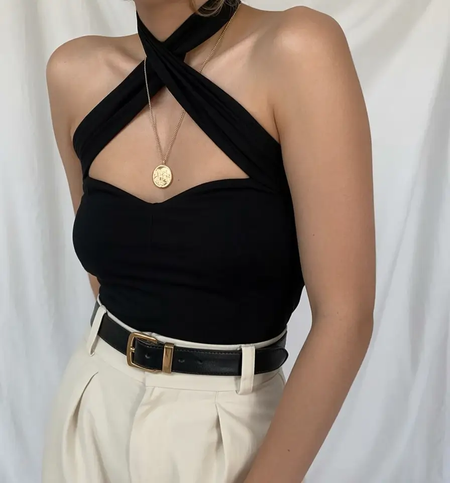 stylish spring outfits with tops 2026 Elegant Crossed Halter in Classic Black