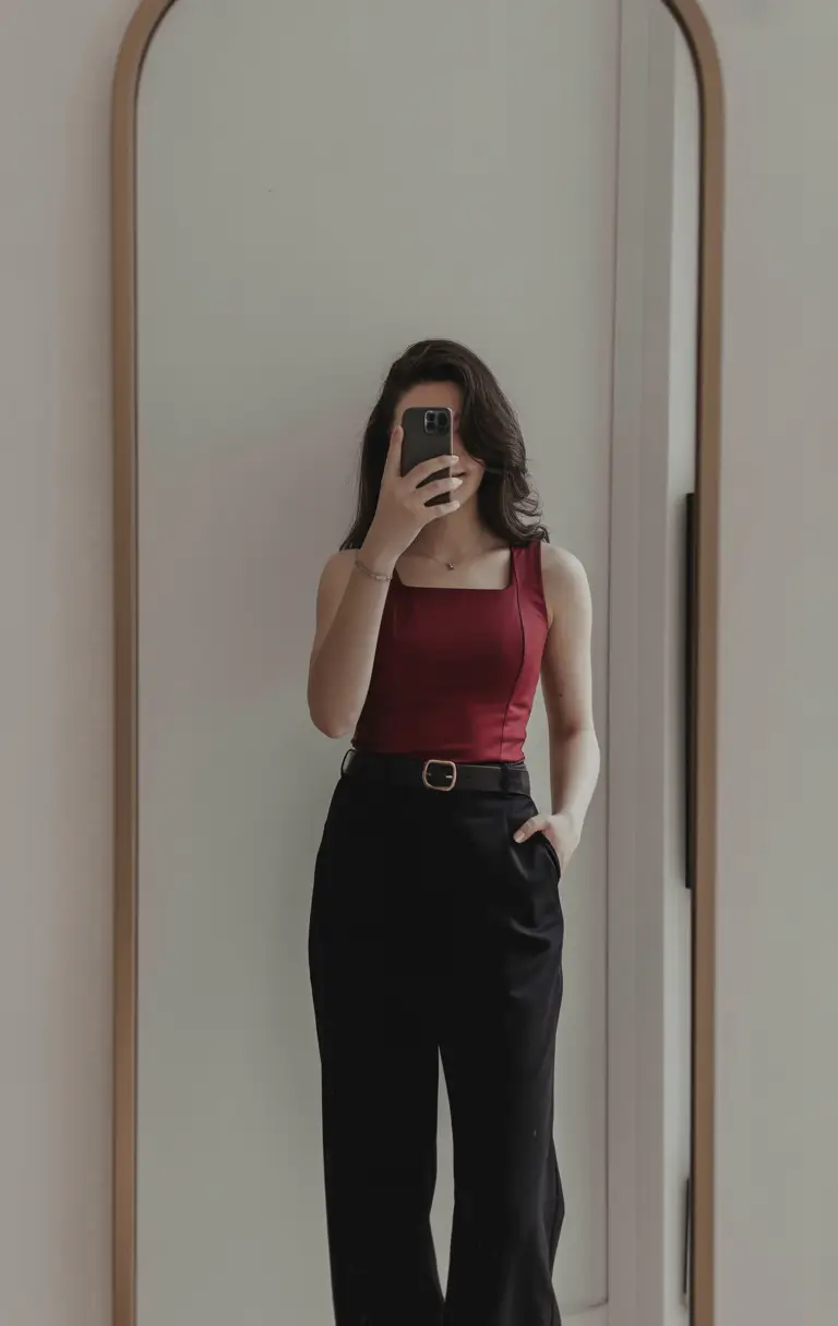 stylish spring outfits with tops 2026 Deep Burgundy Tones With Tailored Simplicity