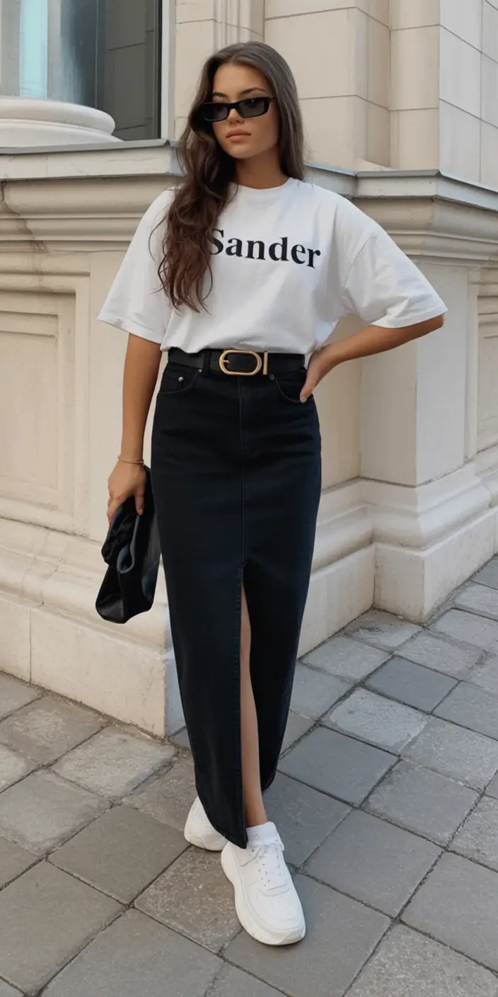 trending spring outfit for Wednesday 2026 Graphic Tee and Sleek Denim Skirt for a Modern Midweek Twist