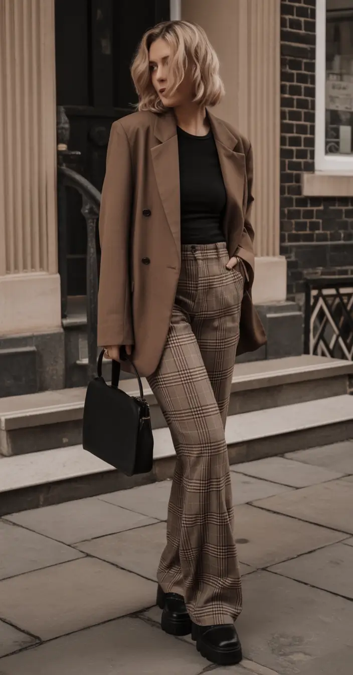 trending spring outfit for Wednesday 2026 Plaid Trousers and Earthy Layers for a Warm Wednesday Mood