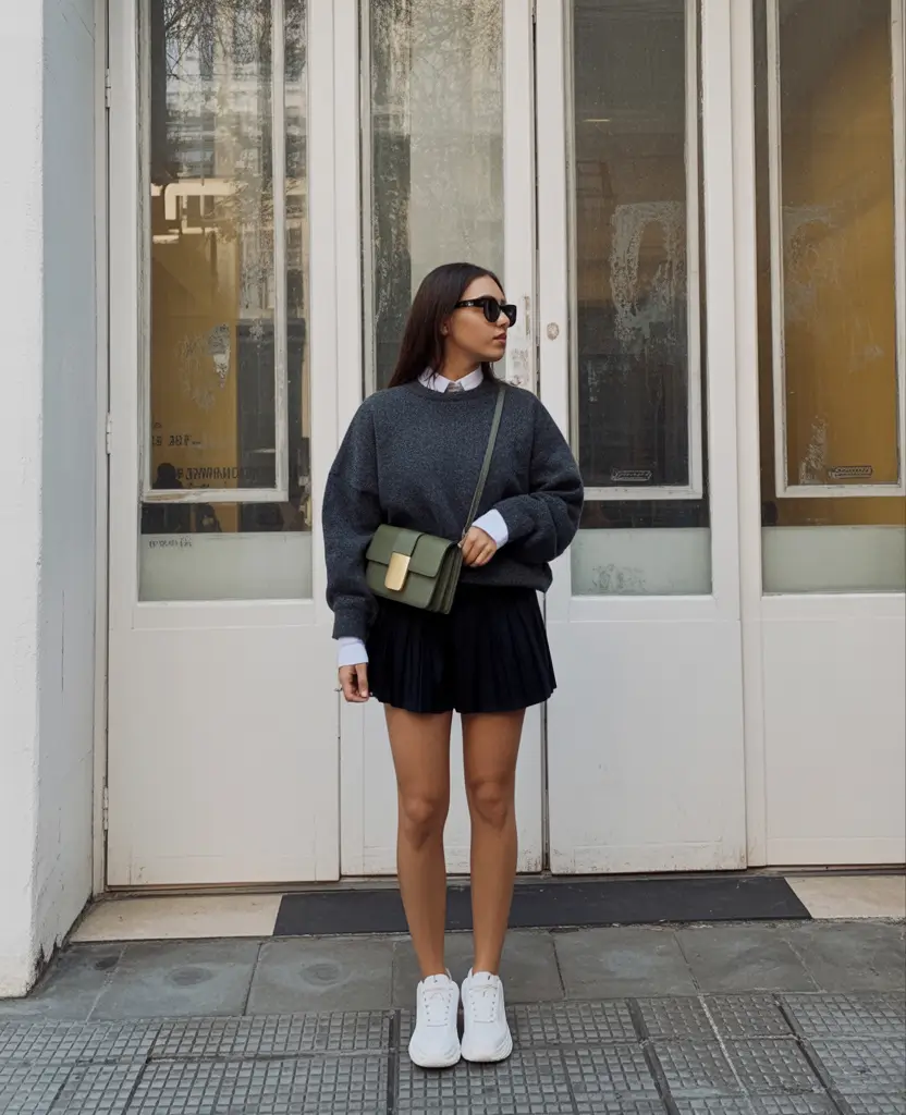 trending spring outfit for Wednesday 2026 Preppy Skirt and Cozy Knit for a Cheerful Spring Wednesday