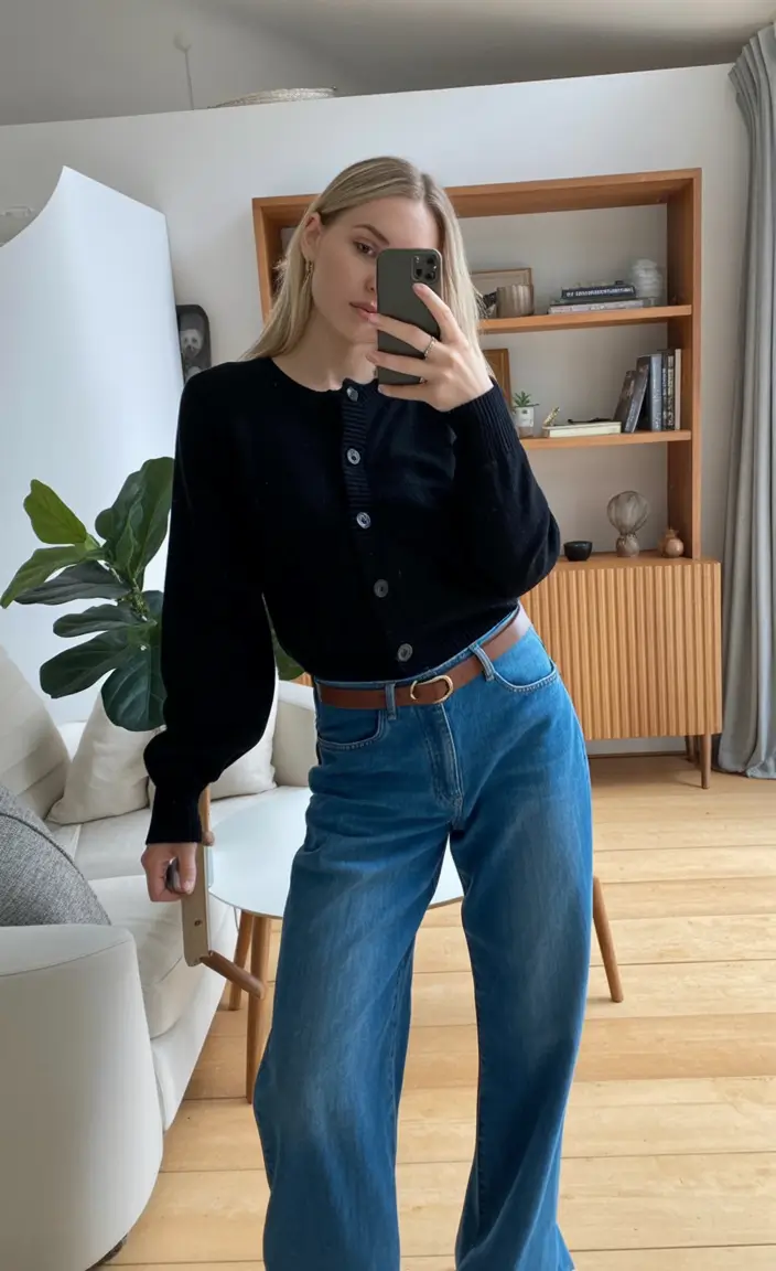 trending spring outfit for Wednesday 2026 Classic Black Cardigan and Perfect Blue Denim for a Minimalist Midweek Reset