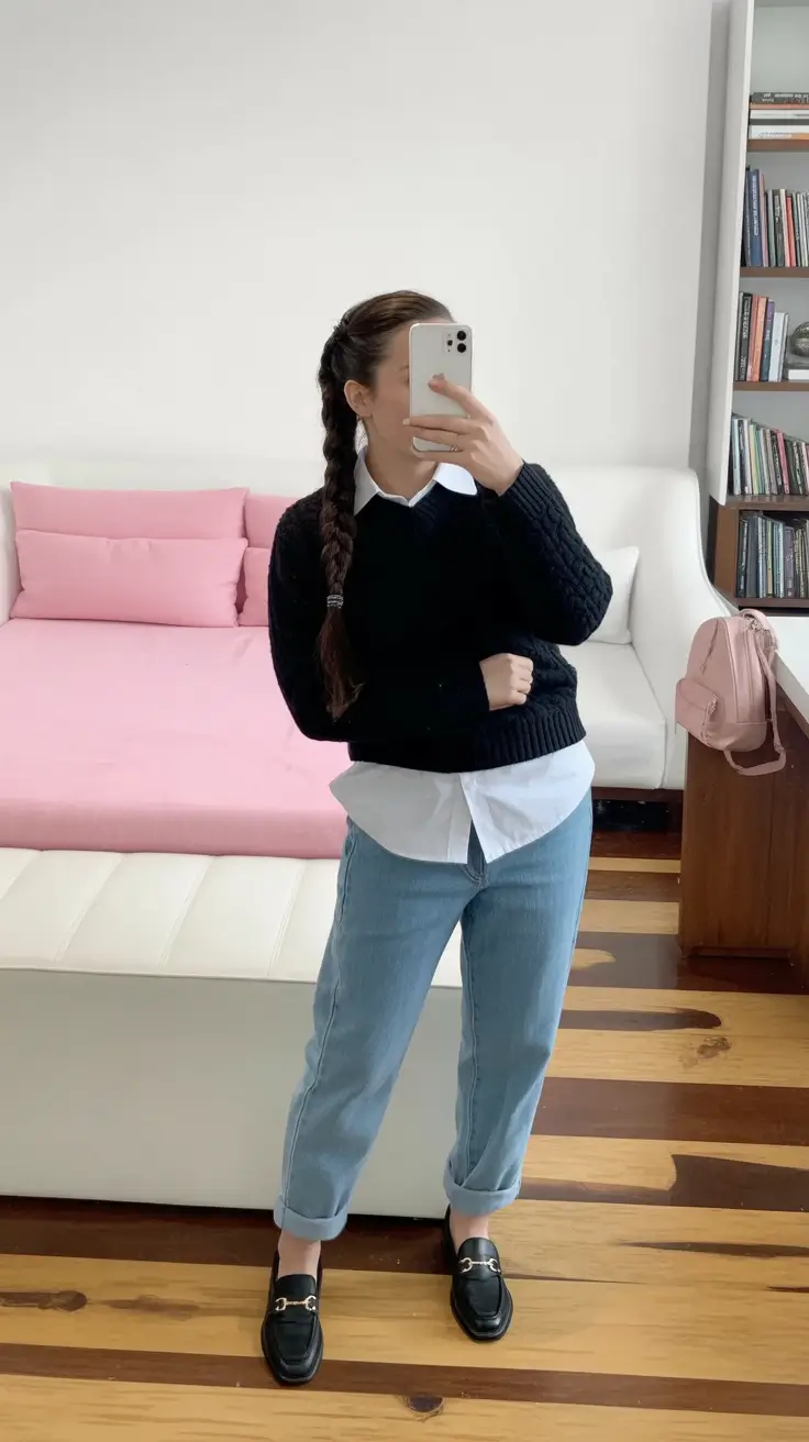 trending spring outfit for Wednesday 2026 Preppy Layers and Relaxed Denim for a Cozy Spring Wednesday