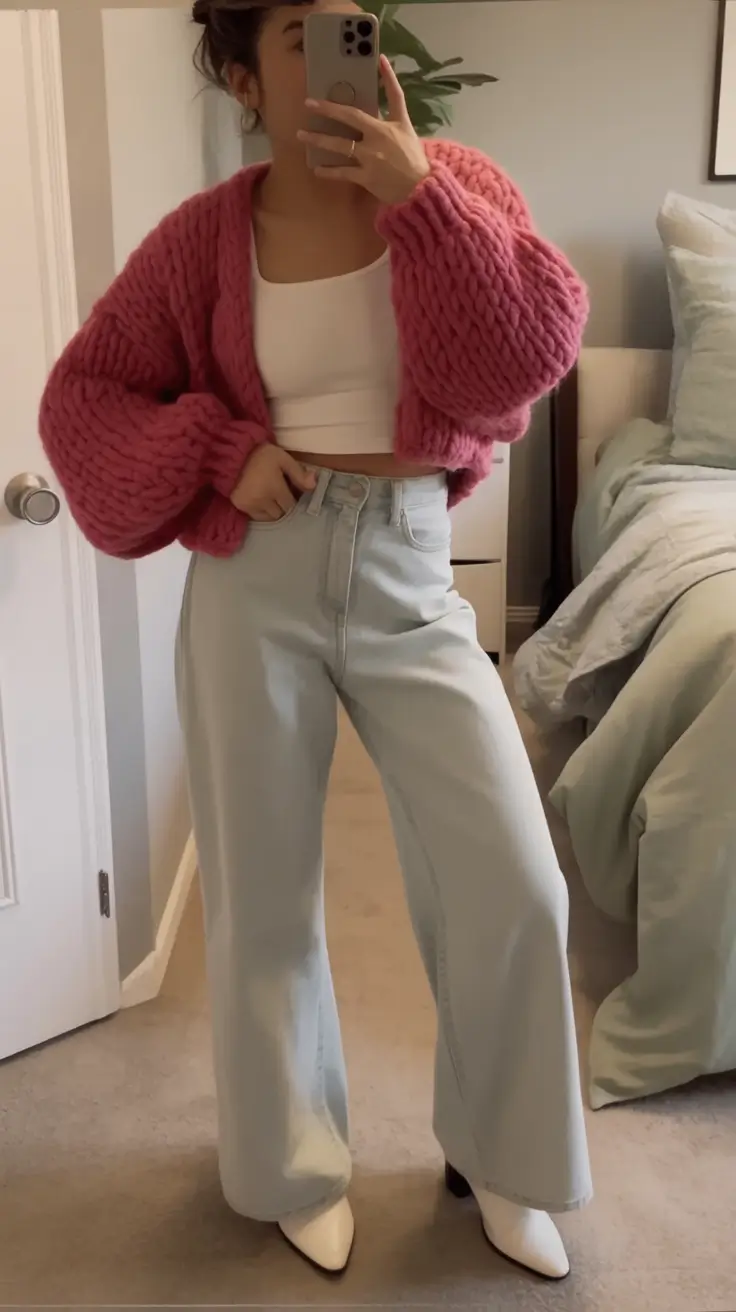 trending spring outfit for Wednesday 2026 Chunky Knits and Wide Leg Denim for a Cozy Midweek Boost