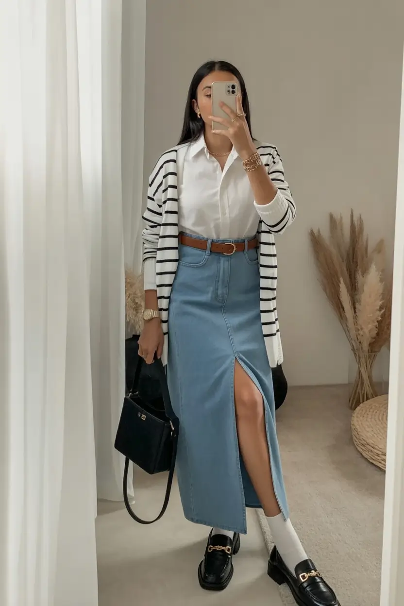 trending spring outfit for Wednesday 2026 Striped Layers and Denim Skirts for Midweek Elegance