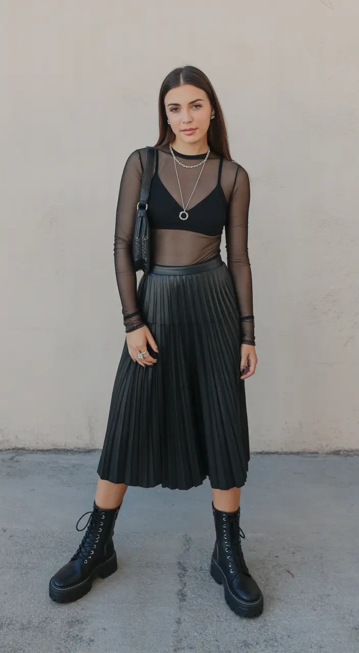 trendy spring miami outfits 2026 Sheer Top With a Pleated Midi Skirt