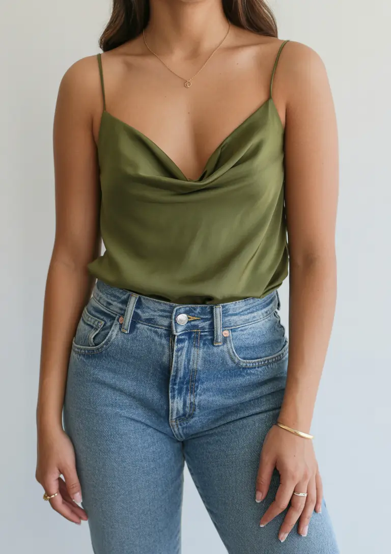 trendy spring miami outfits 2026 Olive Satin Cowl Top With Classic Denim