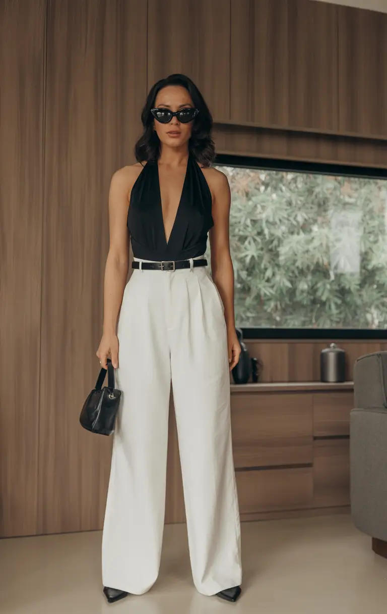 trendy spring miami outfits 2026 Black Halter Bodysuit With Wide White Trousers