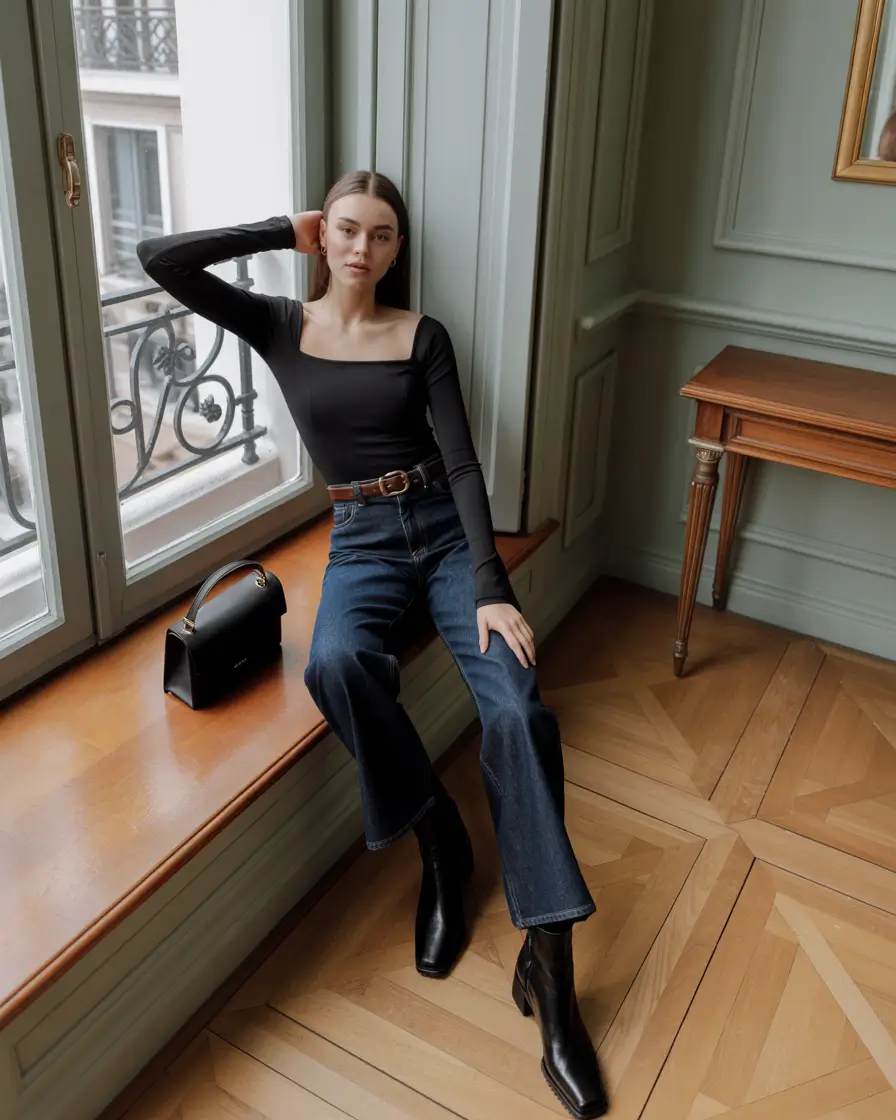 trendy spring miami outfits 2026 Square Neck Black Top With Classic Denim