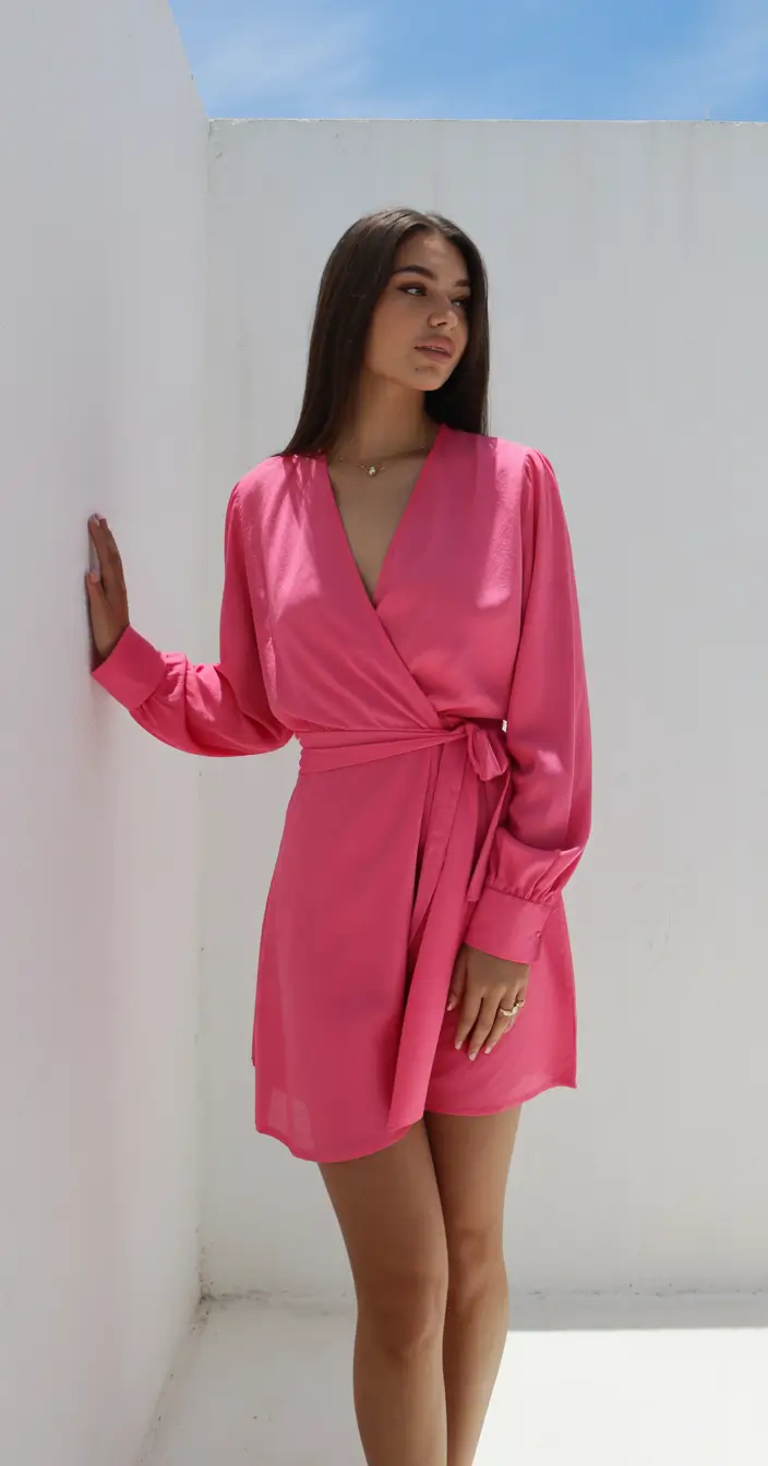 trendy spring miami outfits 2026 Pink Wrap Dress With Lightweight Movement