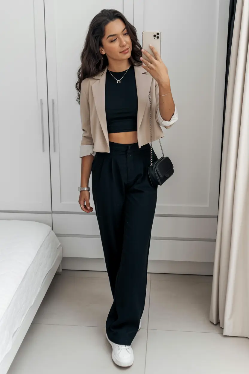 trendy spring miami outfits 2026 Cropped Blazer With Black Trousers and Sneakers