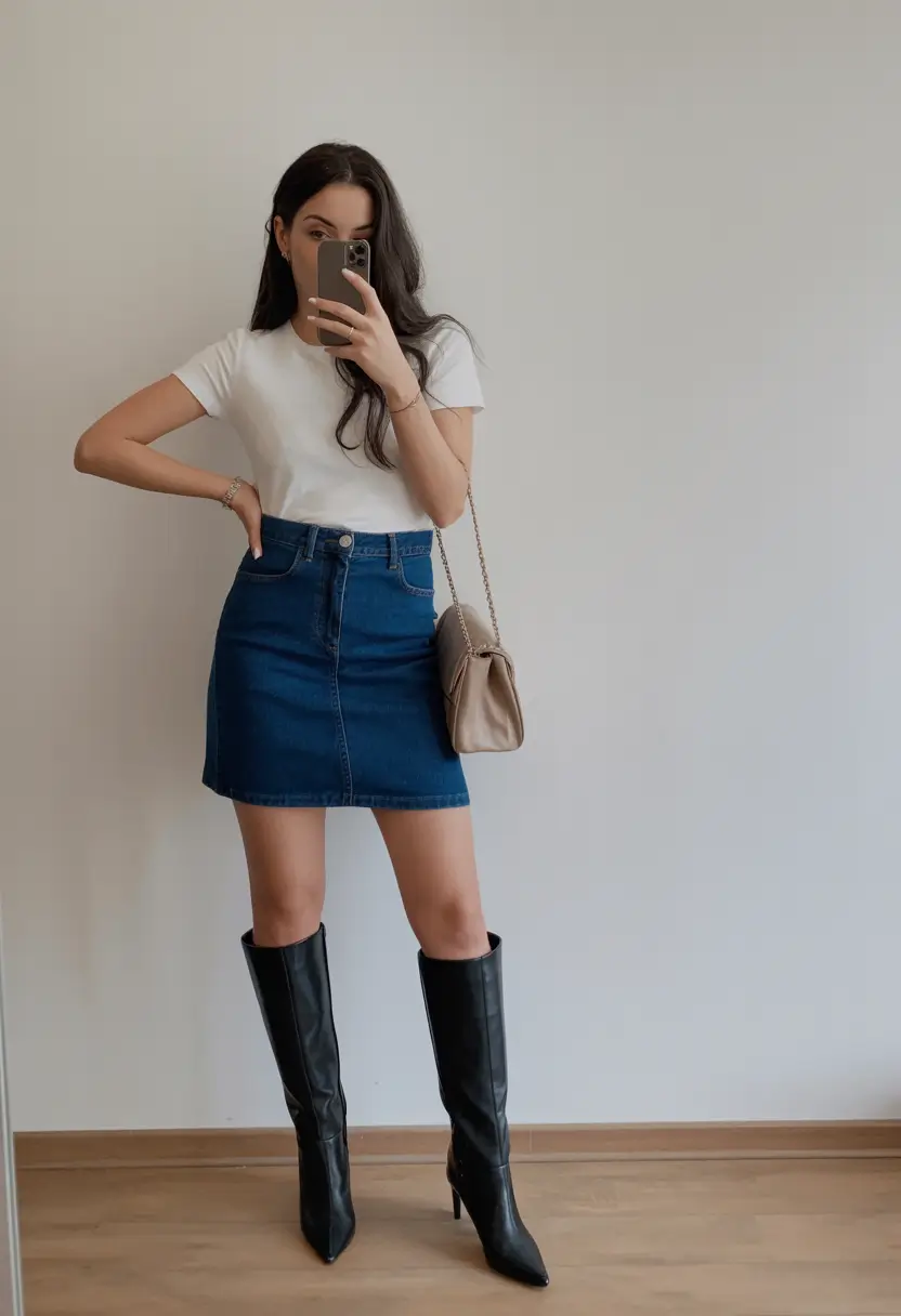 trendy spring miami outfits 2026 White Tee With a Denim Mini and Tall Boots