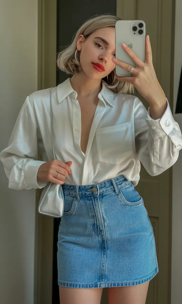trendy spring miami outfits 2026 White Satin Shirt With a Denim Mini