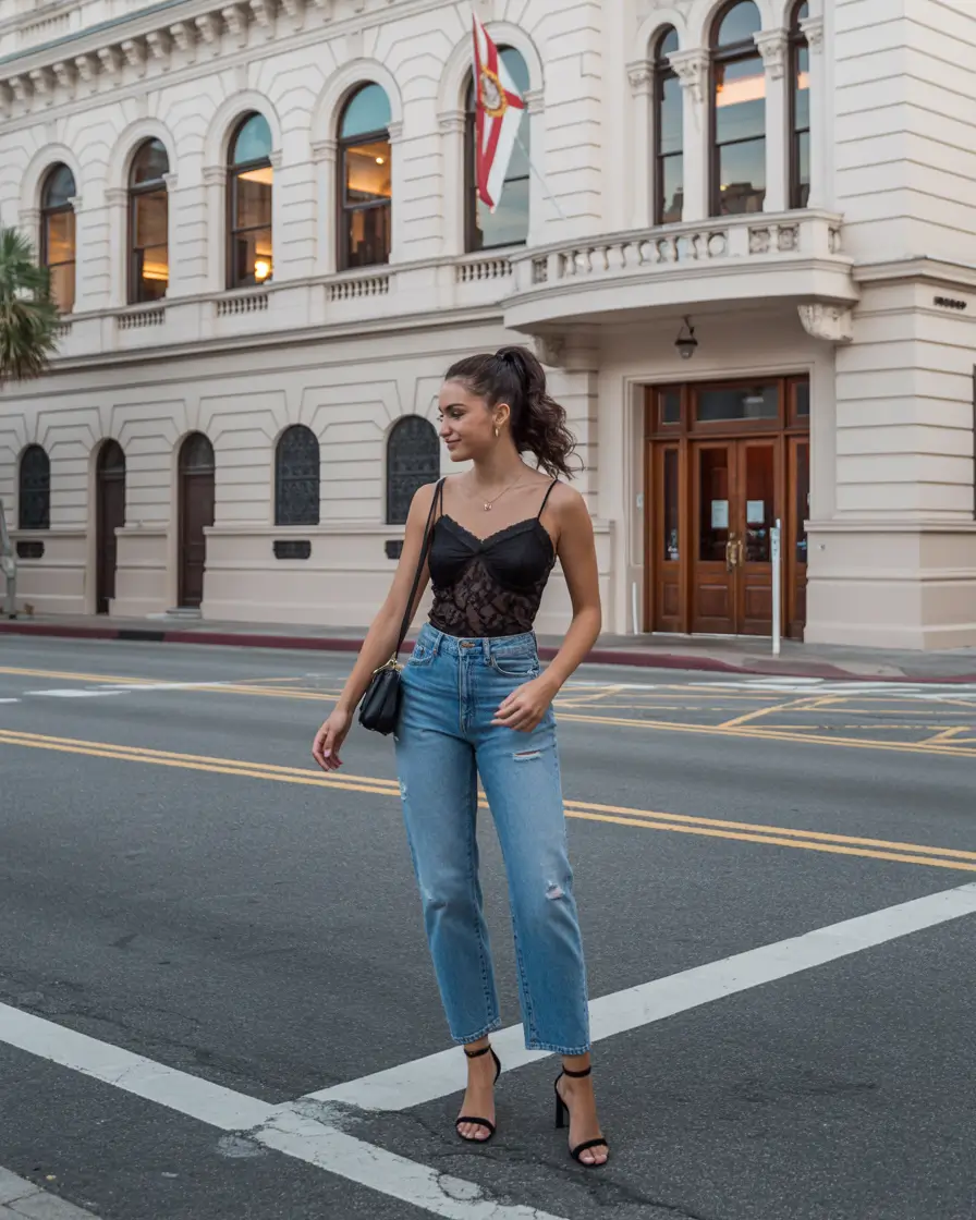 trendy spring miami outfits 2026 Black Lace Top With Relaxed Blue Denim