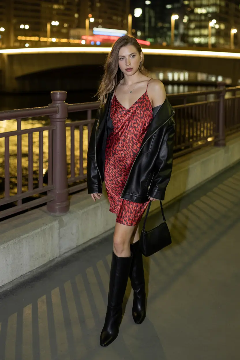 trendy spring miami outfits 2026 Red Slip Dress With Black Leather Layers