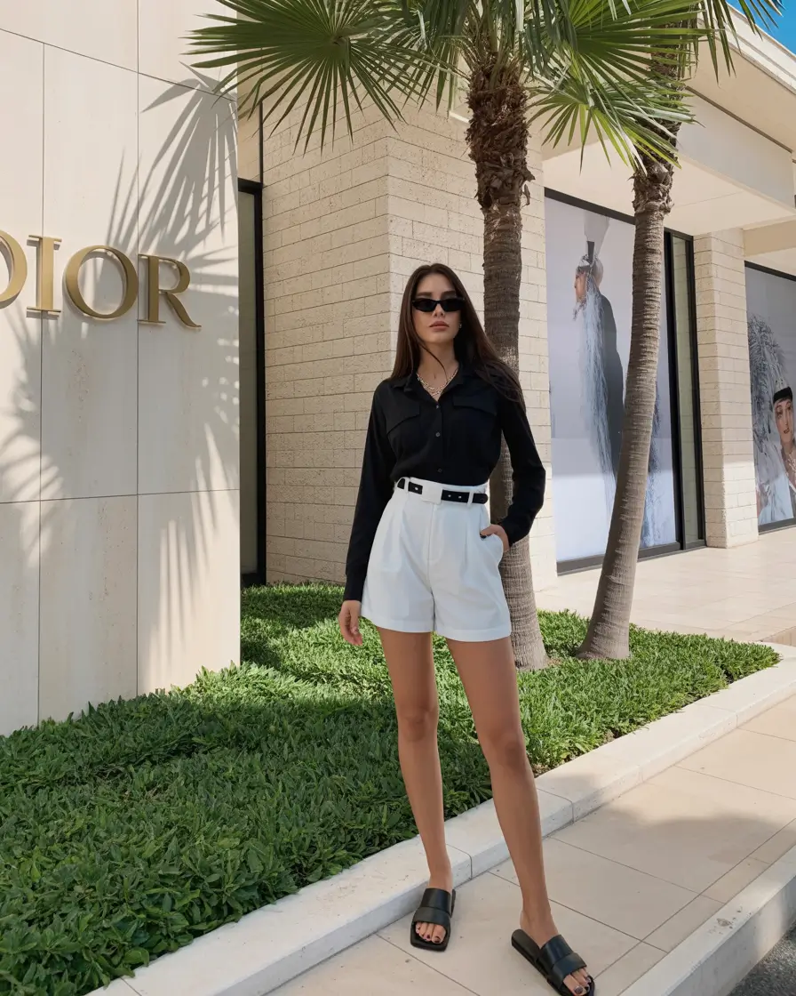 trendy spring miami outfits 2026 Black Shirt With High Waisted White Shorts