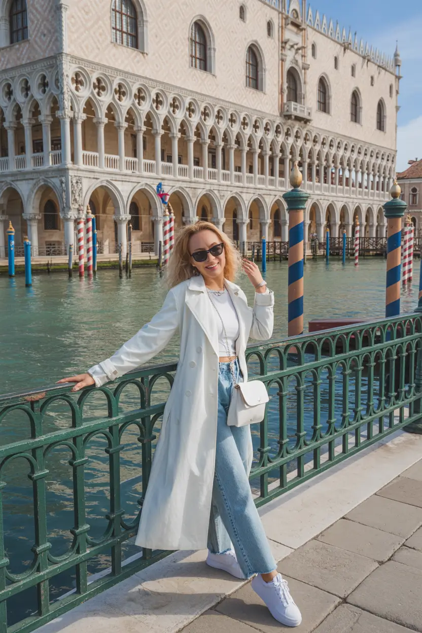 trendy spring miami outfits 2026 Light Trench With Relaxed Denim and Bright Sneakers