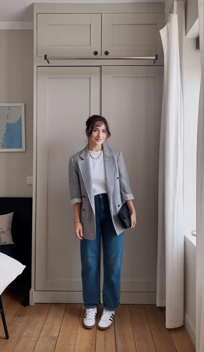 vibrant early spring outfits 2026 Checked Blazer with Quiet Spring Sophistication