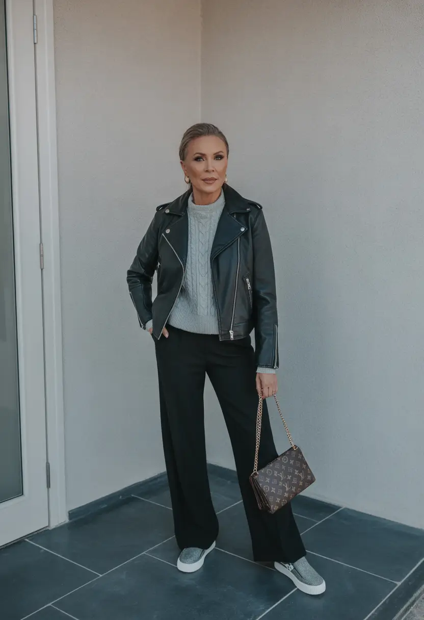 vibrant spring outfits for women over 40 2026 Modern Leather with a Confident Spring Attitude