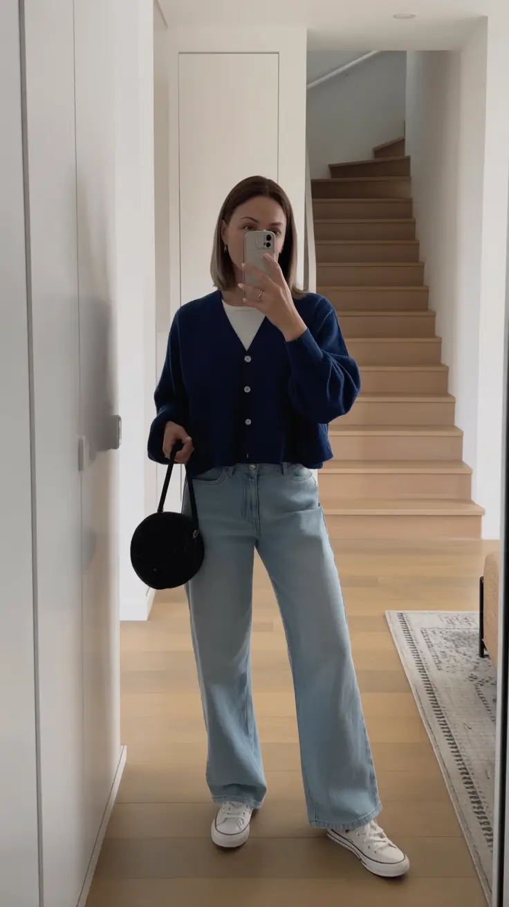 vibrant spring outfits for women over 40 2026 Navy Layers with Light Denim Ease