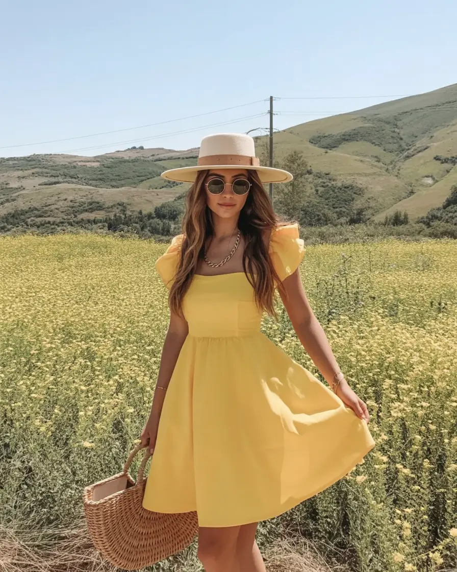 adorable spring dress outfits 2026 Sunny yellow dress with easy countryside charm
