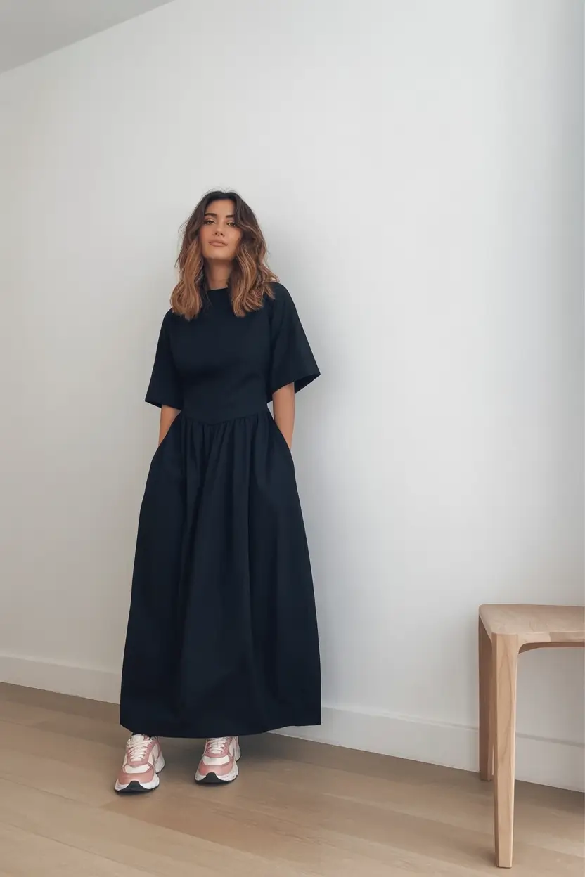adorable spring dress outfits 2026 Modern black maxi dress with sneakers for understated cool