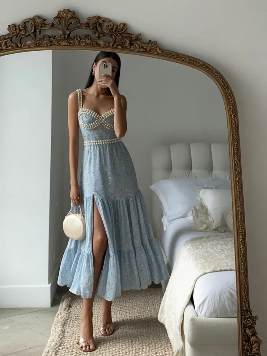 adorable spring dress outfits 2026 Soft blue glamour with pearl details and a graceful slit
