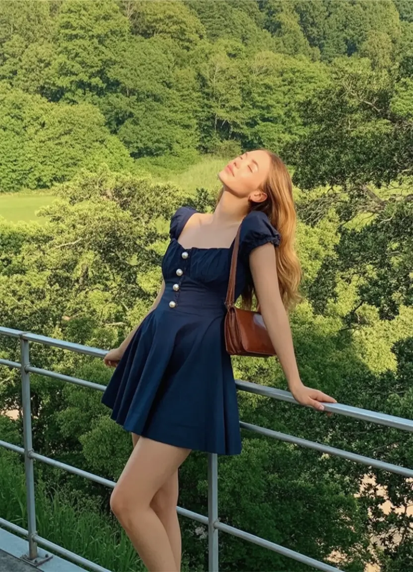 adorable spring dress outfits 2026 Navy puff sleeve mini dress with golden details and soft spring sunlight