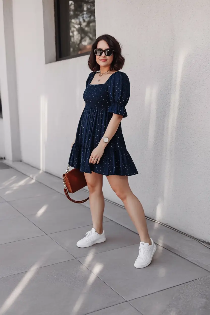 adorable spring dress outfits 2026 Navy puff sleeve mini with white sneakers for everyday spring ease