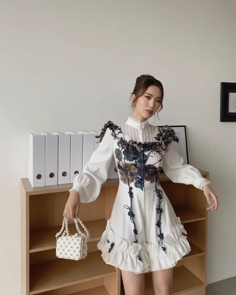 adorable spring dress outfits 2026 Intricate white mini with dark floral appliqué and couture inspired details