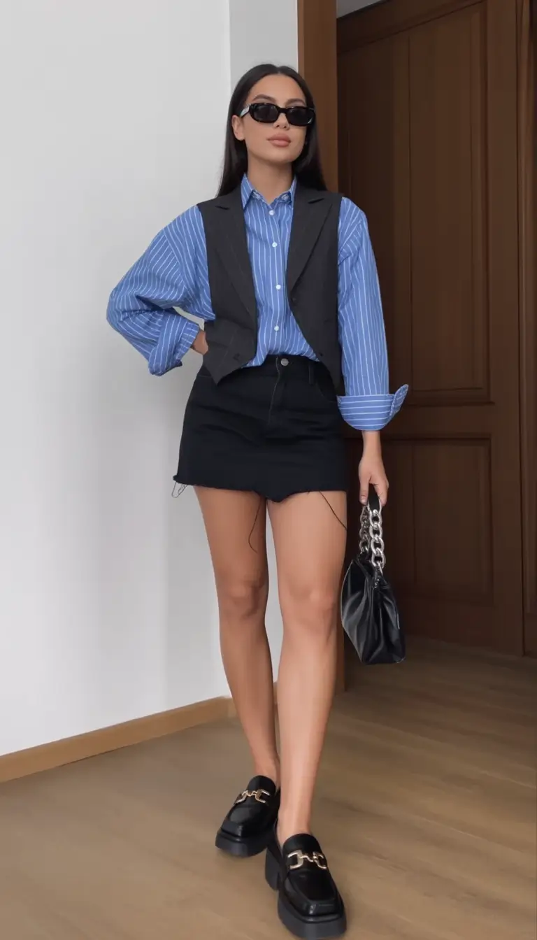 adorable spring dress outfits 2026 Office inspired vest and shirt outfit with a spring smart casual twist