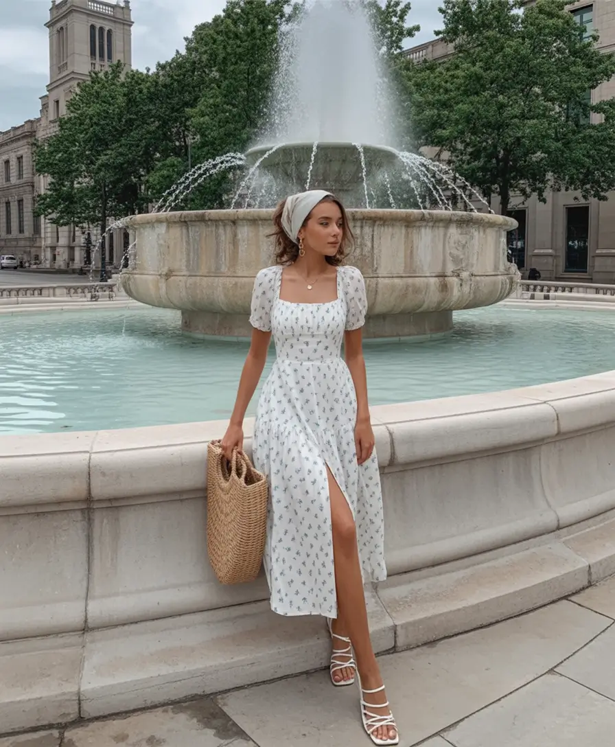 adorable spring dress outfits 2026 Vintage inspired white dress with feminine sleeves and a breezy city mood