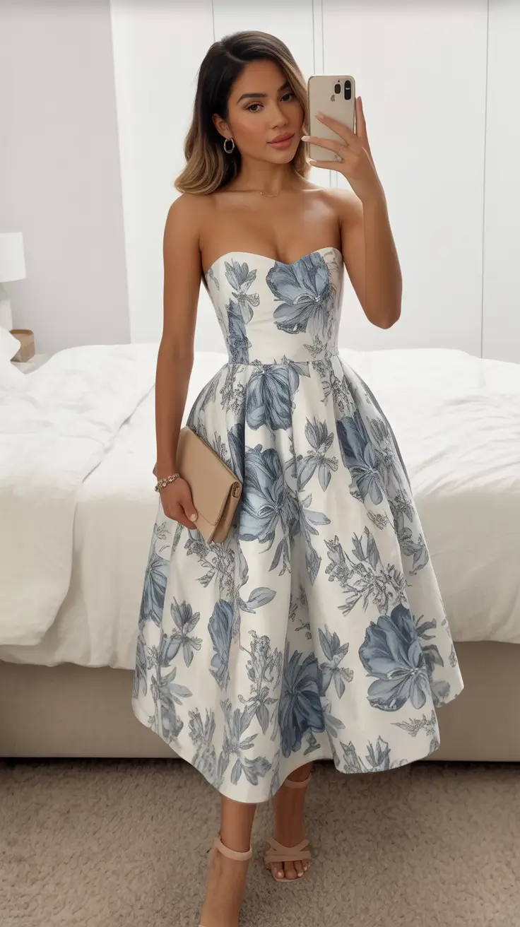 adorable spring dress outfits 2026 Elegant blue floral strapless dress with a timeless spring charm