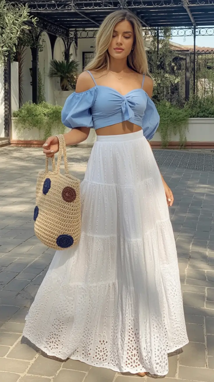 adorable spring dress outfits 2026 Playful blue crop top and airy white eyelet skirt with warm weather energy