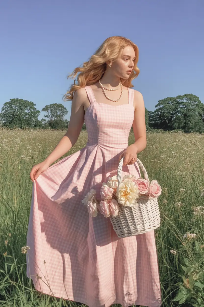 adorable spring dress outfits 2026 Classic pink gingham dress with sweet countryside nostalgia