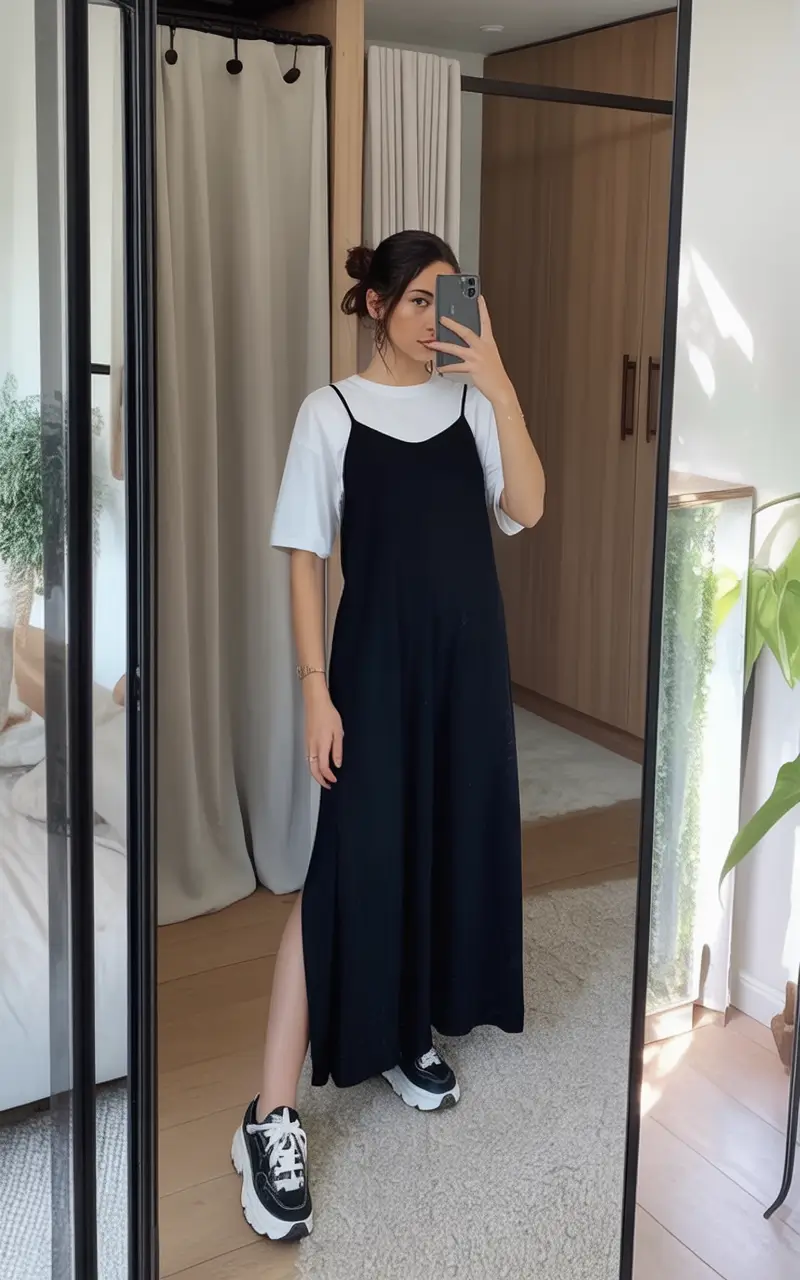 adorable spring dress outfits 2026 Casual black slip dress layered over a T-shirt for street inspired spring comfort