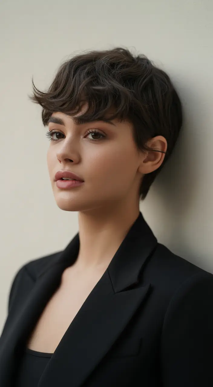 best spring haircuts for heart face shape 2026 Ultra Short Brunette Pixie with Micro Texture