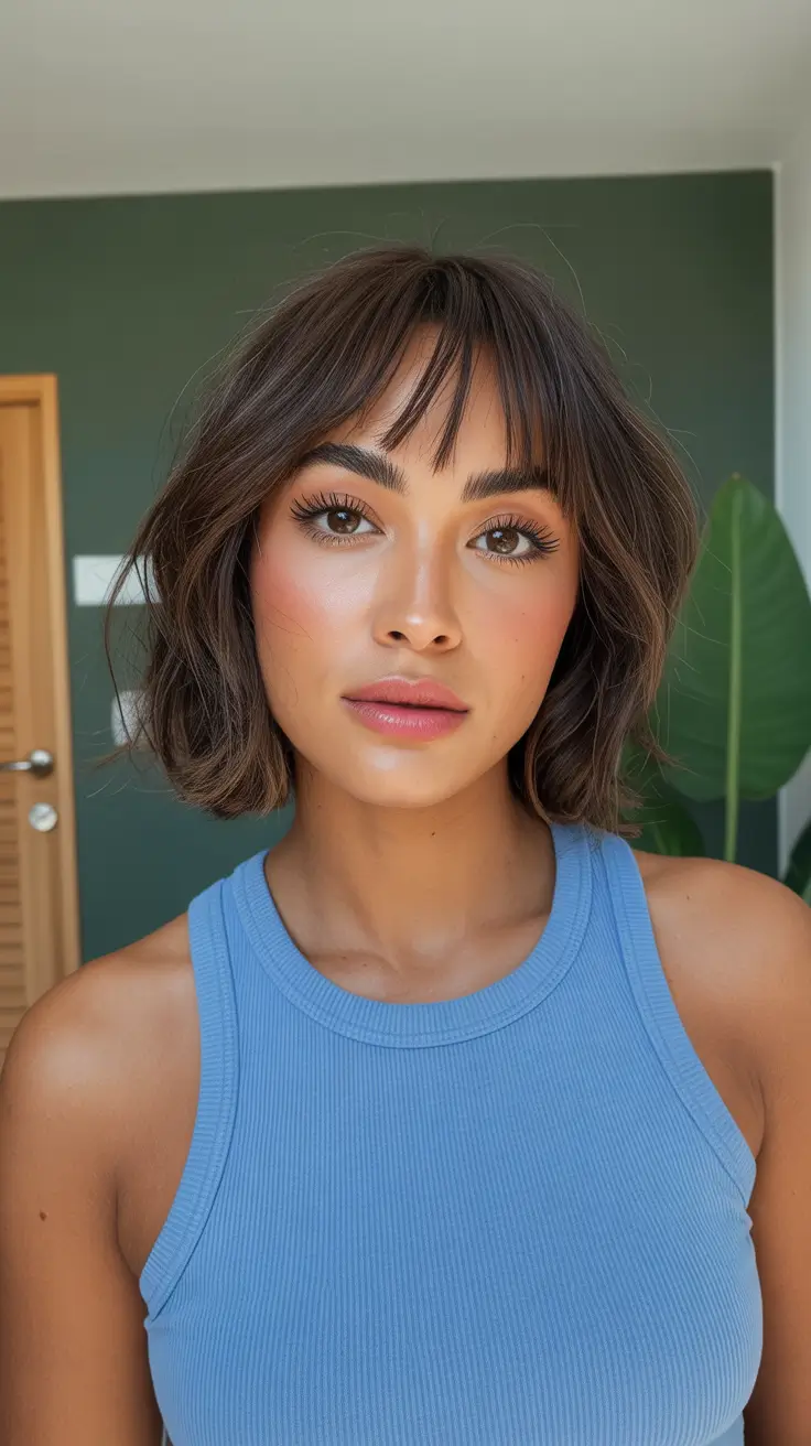 best spring haircuts for heart face shape 2026 Soft Brunette Bob with Wispy Bangs