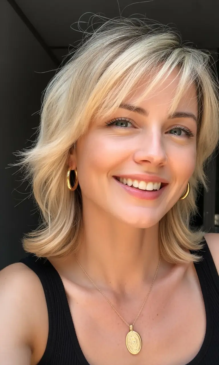 best spring haircuts for heart face shape 2026 Layered Medium Shoulder Length with Feathered Fringe