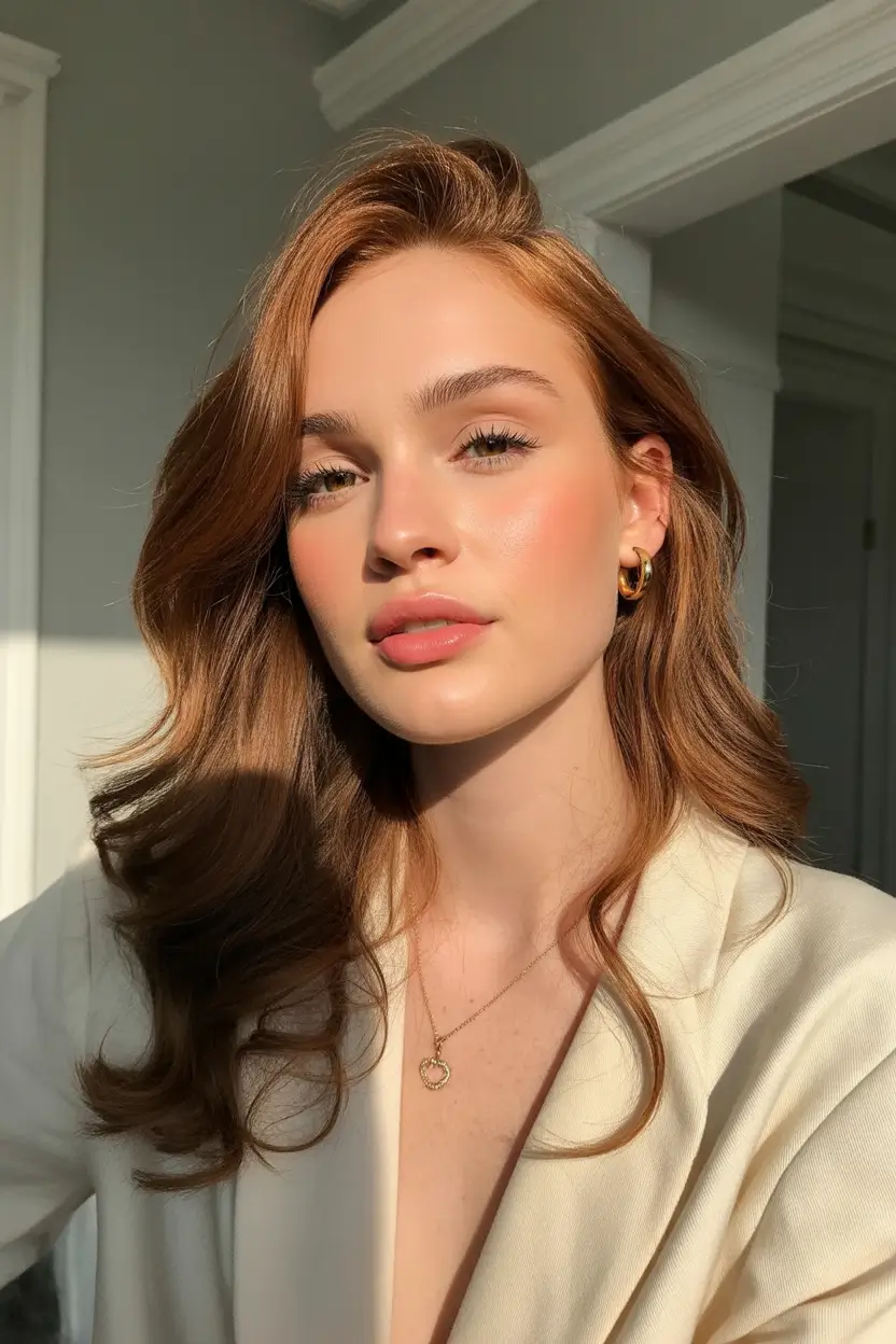 best spring haircuts for heart face shape 2026 Long Copper Waves with Side Volume