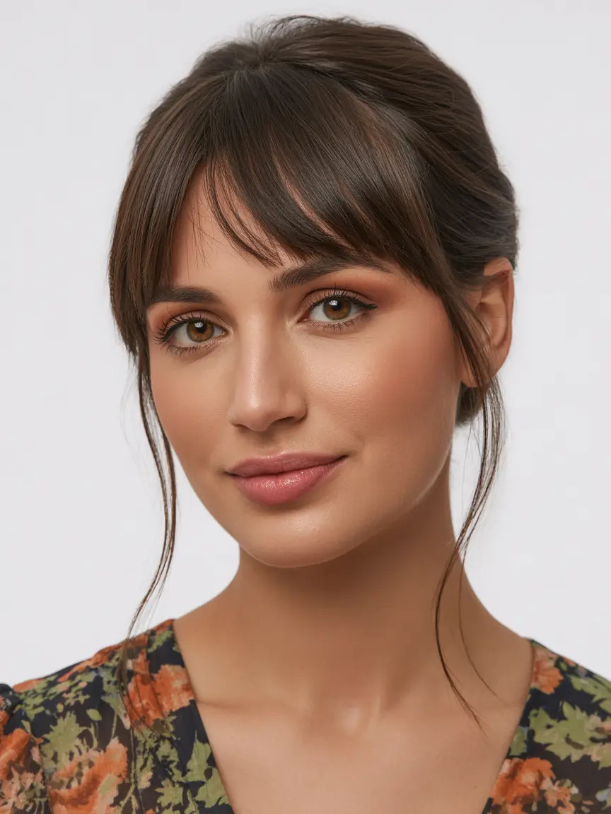 best spring haircuts for heart face shape 2026 Soft Updo with Face Framing Bangs